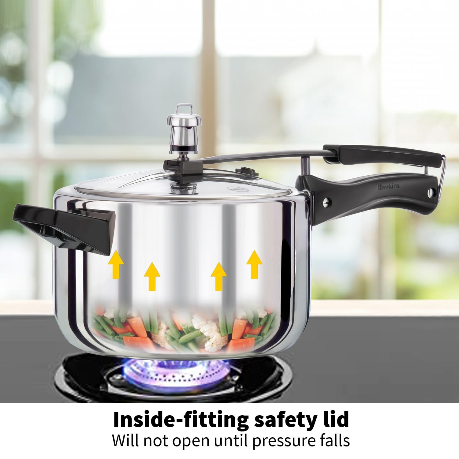 hawkins 3 litre inner lid pressure cooker, stainless steel cooker, wide design pan cooker, induction cooker, silver (hss3w)