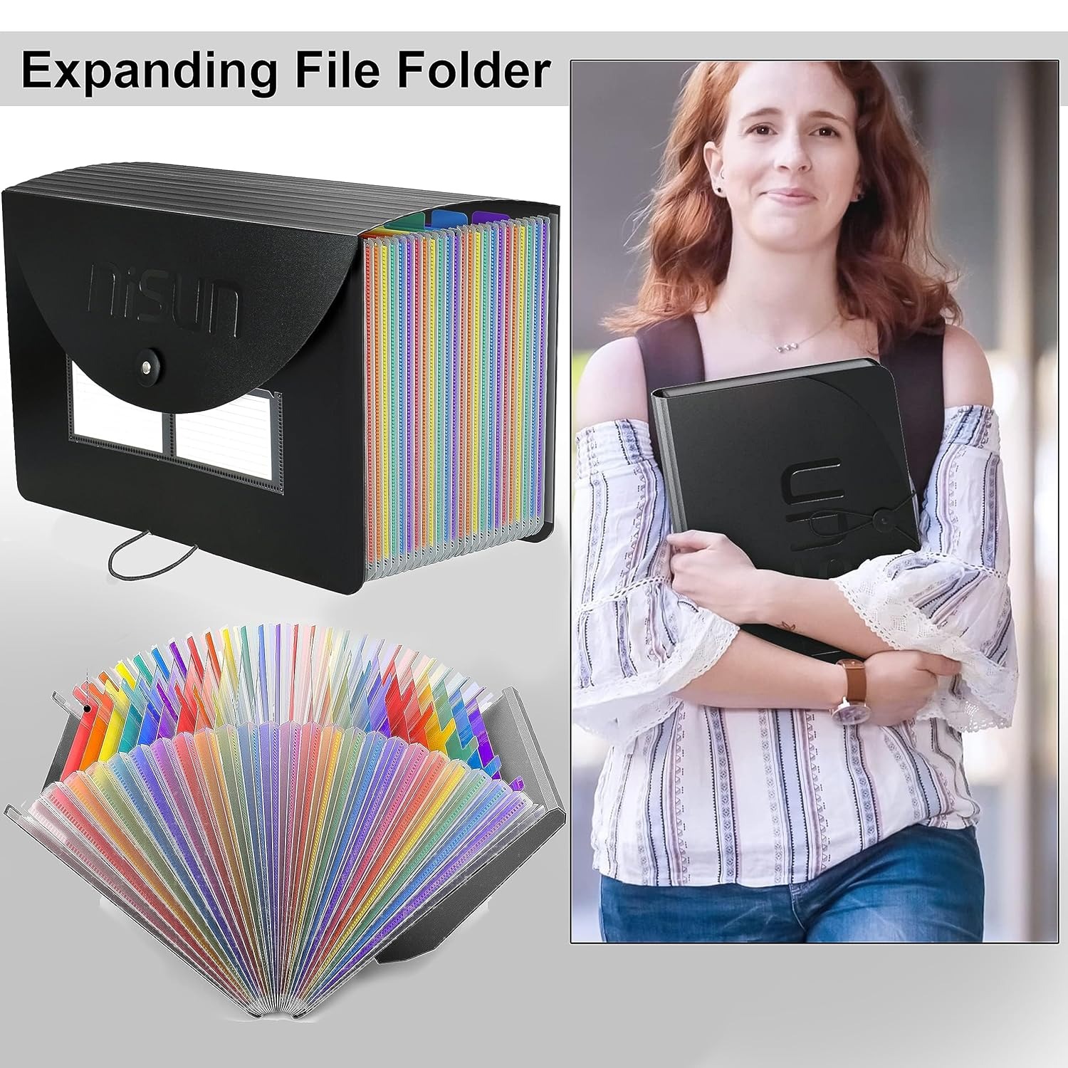 nisun 24 pockets file organizer, a4/letter size portable accordion folder, expanding file folder, document organizer, adjustable buckle folder with labels for school, home & office black (33 * 24cm)