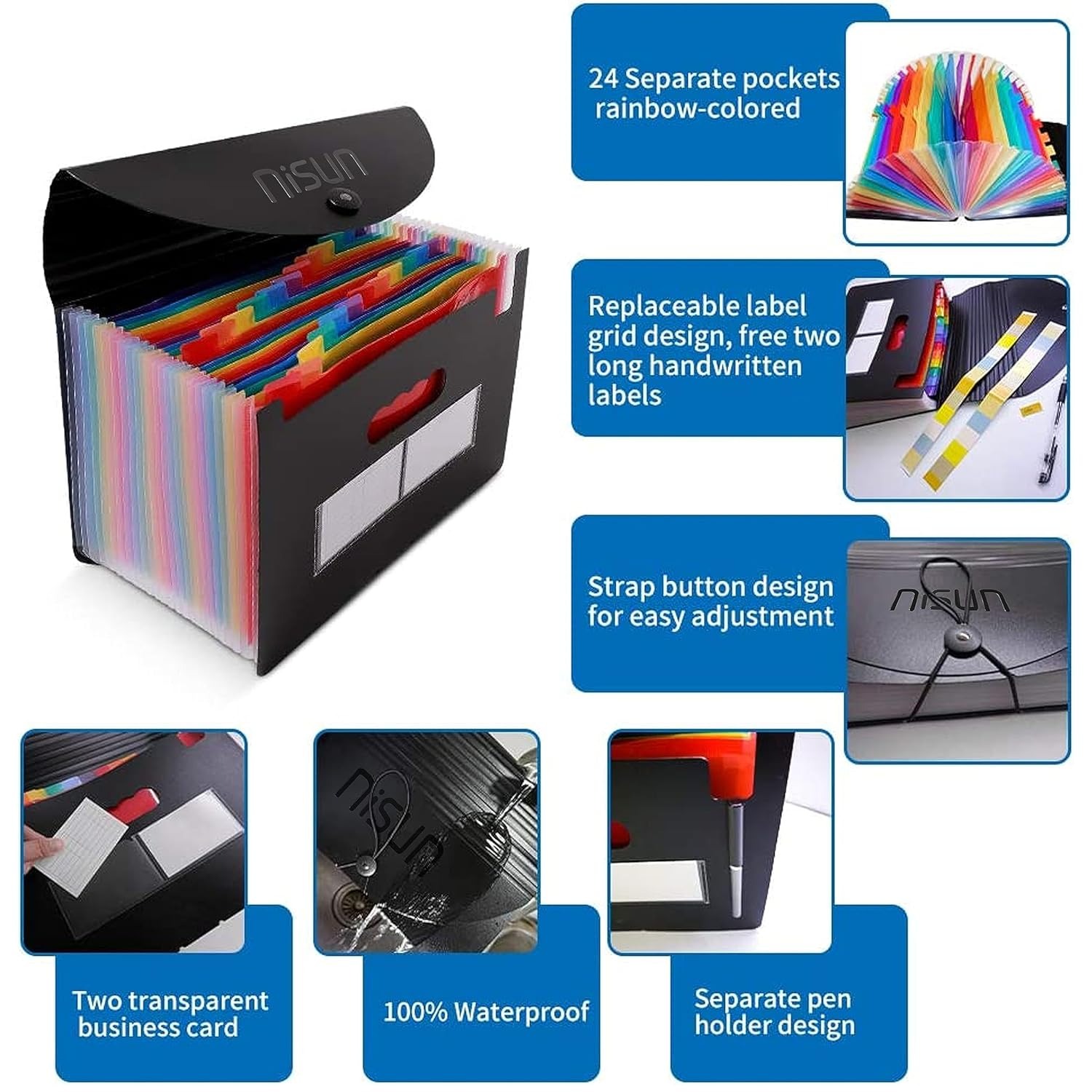 nisun 24 pockets file organizer, a4/letter size portable accordion folder, expanding file folder, document organizer, adjustable buckle folder with labels for school, home & office black (33 * 24cm)